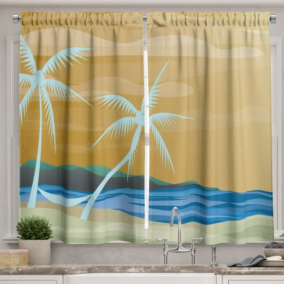 Ambesonne Tropical Kitchen Curtains, Sandy Exotic Beach, 55"x45", Navy Cream