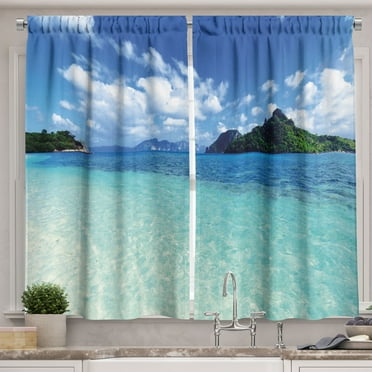 Ambesonne Tropical Kitchen Curtains, Sea Sky Clouds Landscape, 55"x39", Seafoam and Dark Night Blue