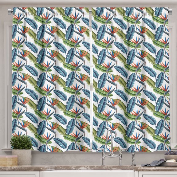 Ambesonne Tropical Kitchen Curtains, Sketchy Strelitzia Leaf, 55"x24", Avocado Green and Salmon