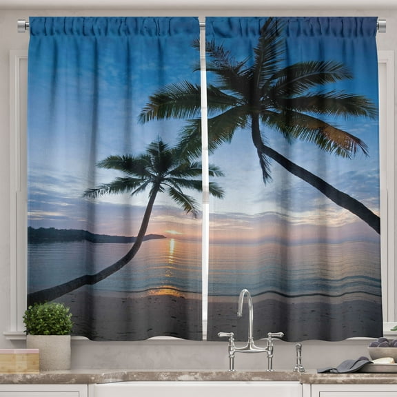 Ambesonne Tropical Kitchen Curtains, Sunset Beach Thailand, 55"x45", Blue Black Pale Pink