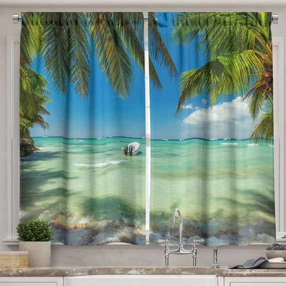 Ambesonne Tropical Kitchen Curtains, Surreal Sea Palm Tree, 55"x39", Fern Green Turquoise