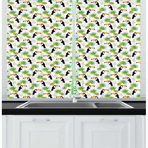 Ambesonne Tropical Kitchen Curtains, Toucan and Palm Pattern, 55"x45", Green Black and Orange
