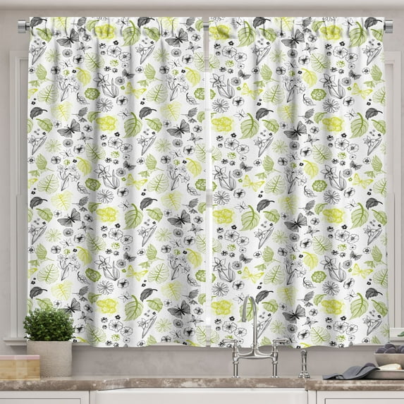 Ambesonne Tropical Kitchen Curtains, Wild Jungle Monstera Leaf, 55"x24", White Yellow Green Grey