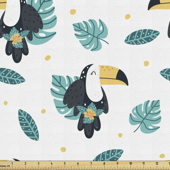 Ambesonne Tropical Leaf Fabric by the Yard Upholstery, Toucan Exotic Floral, 2 Yards, Pale Teal and Mustard
