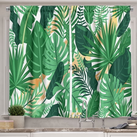 Ambesonne Tropical Leaf Kitchen Curtains, Jungle Leaves Print, 55"x36", Hunter Green and Mustard