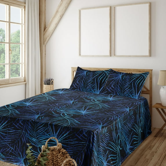 Ambesonne Tropical Leaves Fitted & Flat Sheet with Sham 3 Pcs Set, Aquatic Colors Leaf, Twin, Dark Lavender Indigo