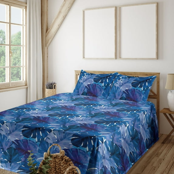 Ambesonne Tropical Leaves Fitted & Flat Sheet with Sham 3 Pcs Set, Art Retro Monstera, Twin, Dark Lavender Indigo