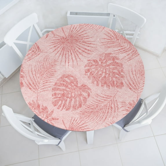 Ambesonne Tropical Leaves Fitted Round Tablecloth, Boho Exotic Jungle, 36"- 40" Diameter, Pale Pink and Rose