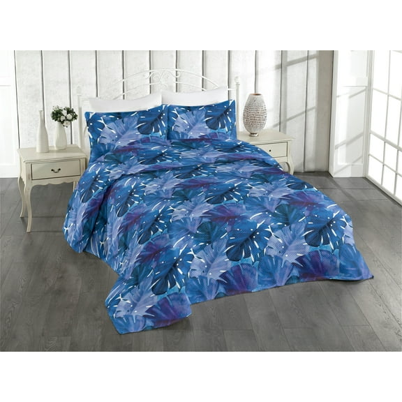 Ambesonne Tropical Leaves Quilted Bedspread Set 3 Pcs, Art Retro Monstera, Twin, Dark Lavender Indigo