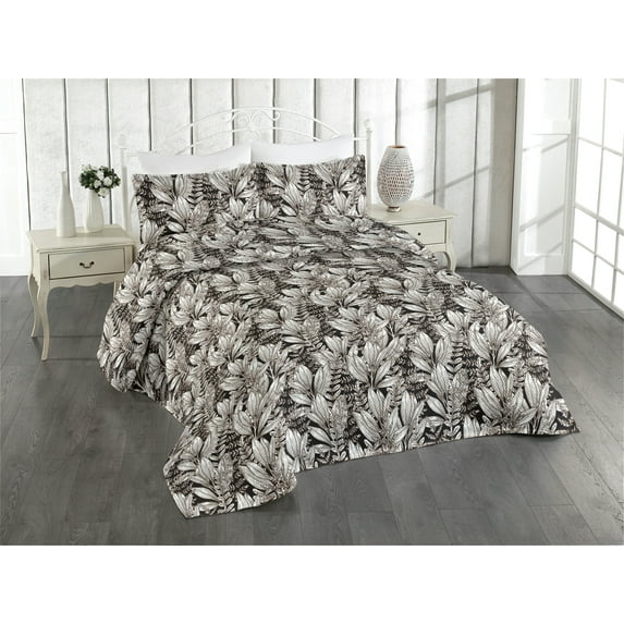 Ambesonne Tropical Leaves Quilted Bedspread Set 3 Pcs, Boho Jungle Exotic, Twin, White Charcoal Grey