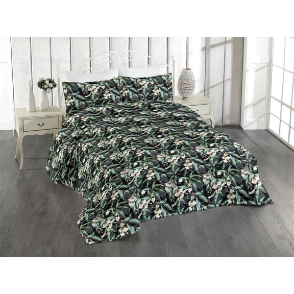 Ambesonne Tropical Leaves Quilted Bedspread Set 3 Pcs, Dreamy Woods Leafy, Twin, Peacock Green Sea Green