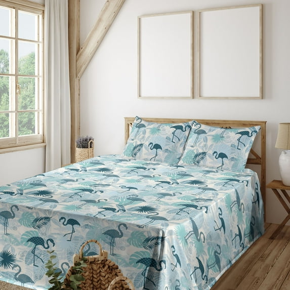 Ambesonne Tropical Nature Fitted & Flat Sheet with Sham 3 Pcs Set, Aloha Art Flamingo, Twin XL, Dark Teal Dark Seafoam