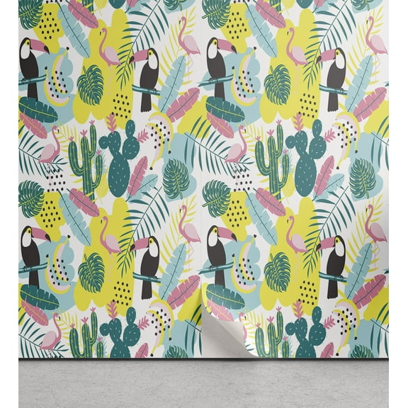 Ambesonne Tropical Peel & Stick Wallpaper for Home, Aloha Nature Birds Art, 13"x100", Multicolor