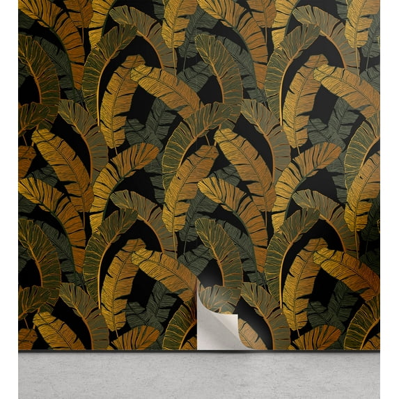 Ambesonne Tropical Peel & Stick Wallpaper for Home, Banana Leaves on Dark Back, 13"x100", Mustard and Dark Reseda Green