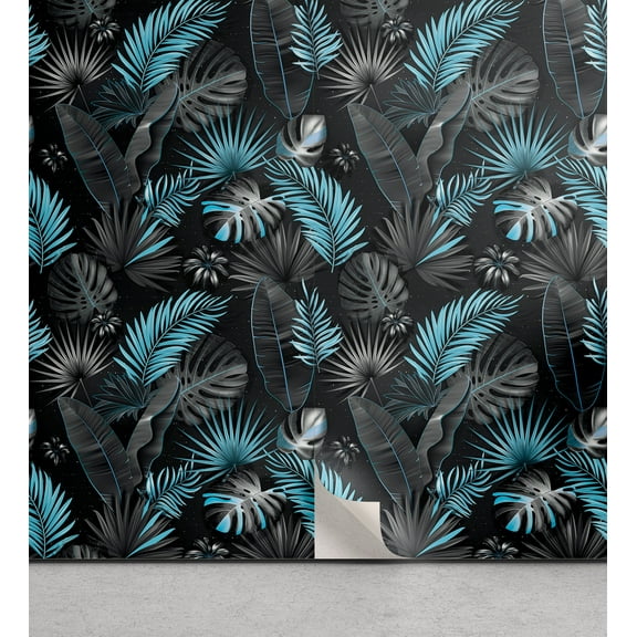 Ambesonne Tropical Peel & Stick Wallpaper for Home, Black Palm Leaves Plot, 13"x72", Deep Sky Blue Dark Grey