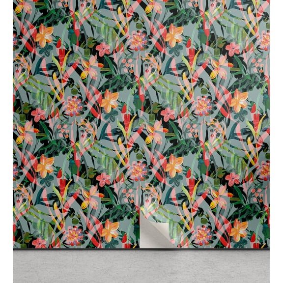 Ambesonne Tropical Peel & Stick Wallpaper for Home, Colorful Exotic Pattern, 13"x36", Dark Coral and Hunter Green