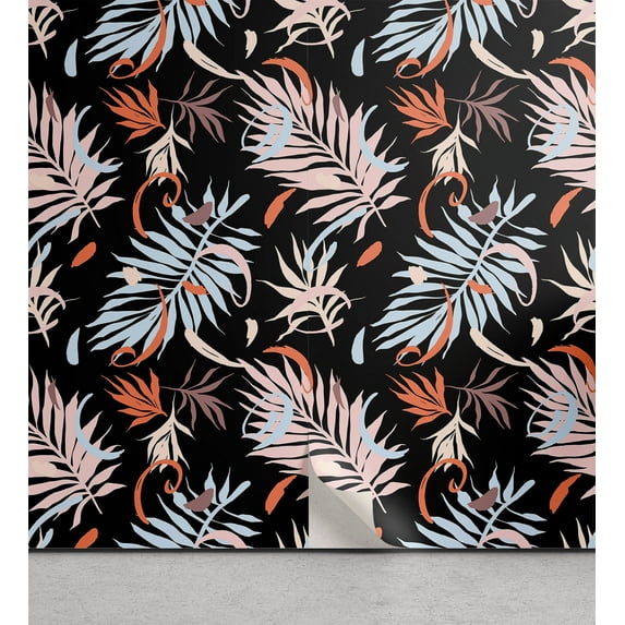 Ambesonne Tropical Peel & Stick Wallpaper for Home, Colorful Exotic Sprigs Art, 13"x100", Pale Sky Blue and Salmon