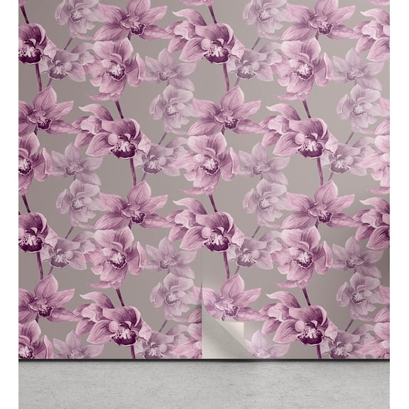 Ambesonne Tropical Peel & Stick Wallpaper for Home, Continuous Orchids Pattern, 13"x36", Pale Fuchsia and Grey Pink