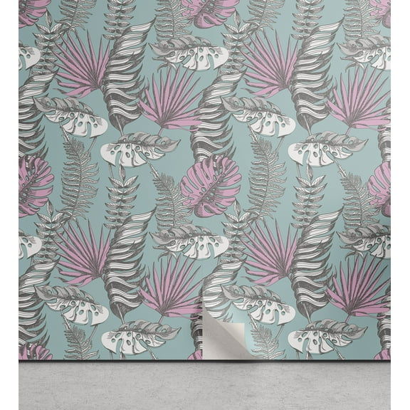 Ambesonne Tropical Peel & Stick Wallpaper for Home, Delicate Hawaiian Leaves, 13"x72", Pale Seafoam Pale Pink