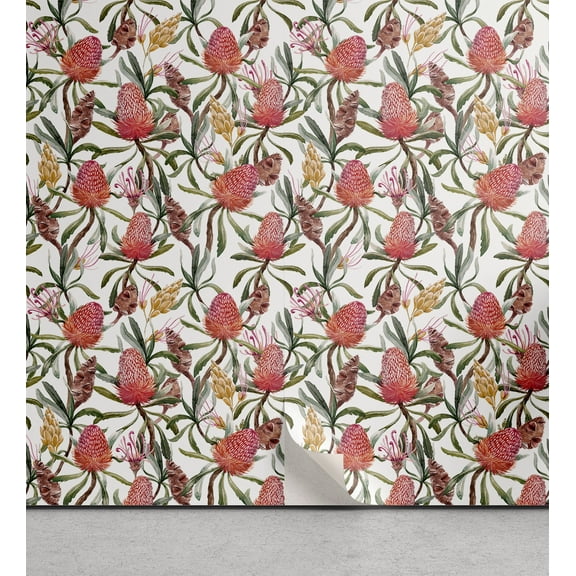 Ambesonne Tropical Peel & Stick Wallpaper for Home, Exotic Botanical Motifs, 13"x36", Dark Salmon and Olive Green
