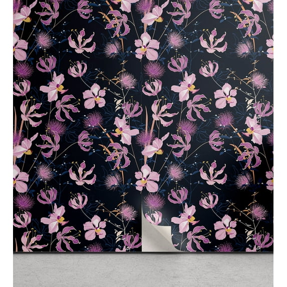 Ambesonne Tropical Peel & Stick Wallpaper for Home, Exotic Botanical Retro, 13"x72", Navy Blue and Soft Pink