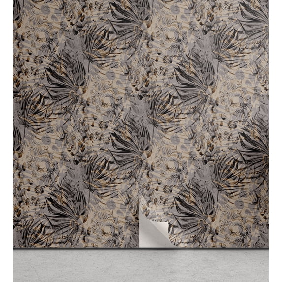 Ambesonne Tropical Peel & Stick Wallpaper for Home, Exotic Foliage Monochrome, 13"x100", Pale Grey and Caramel