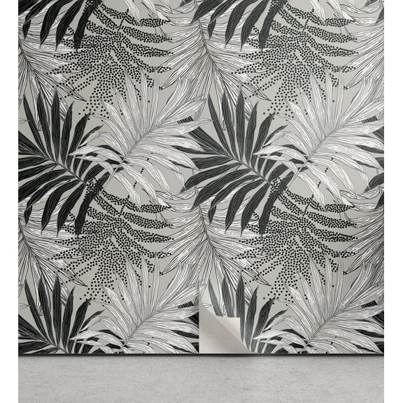 Ambesonne Tropical Peel & Stick Wallpaper for Home, Exotic Leaves Dots Dark, 13"x36", Charcoal Grey and White