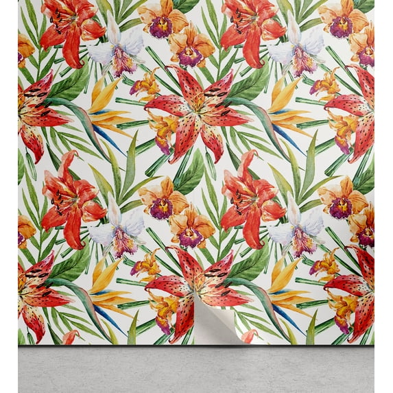 Ambesonne Tropical Peel & Stick Wallpaper for Home, Exotic Lilies Watercolor, 13"x100", Scarlet and Reseda Green