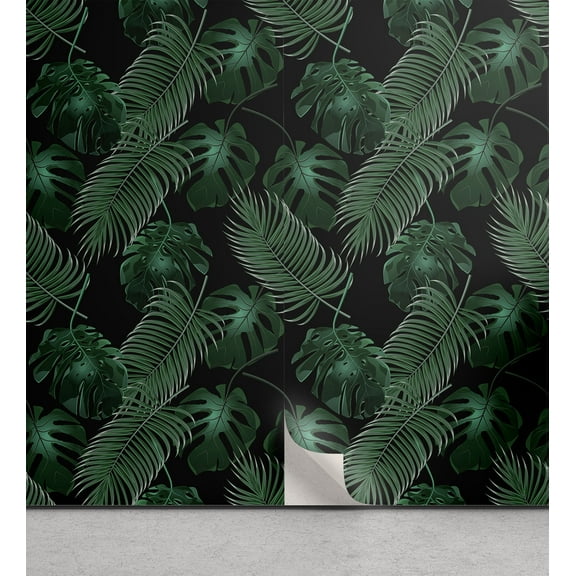 Ambesonne Tropical Peel & Stick Wallpaper for Home, Exotic Monstera Summer Art, 13"x72", Black and Hunter Green