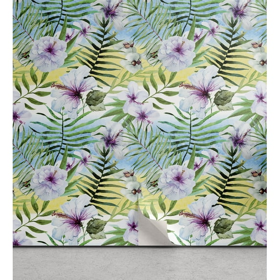 Ambesonne Tropical Peel & Stick Wallpaper for Home, Exotic Watercolor Flora, 13"x72", Pale Purple and Fern Green