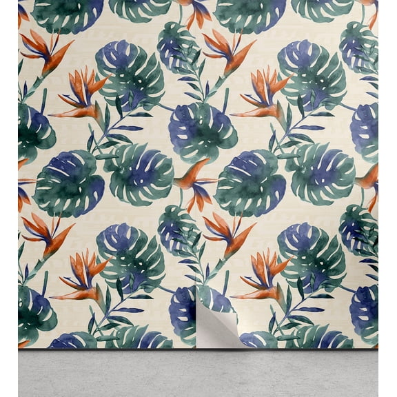 Ambesonne Tropical Peel & Stick Wallpaper for Home, Exotic Watercolor Foliage, 13"x36", Hunter Green Teal and Blue
