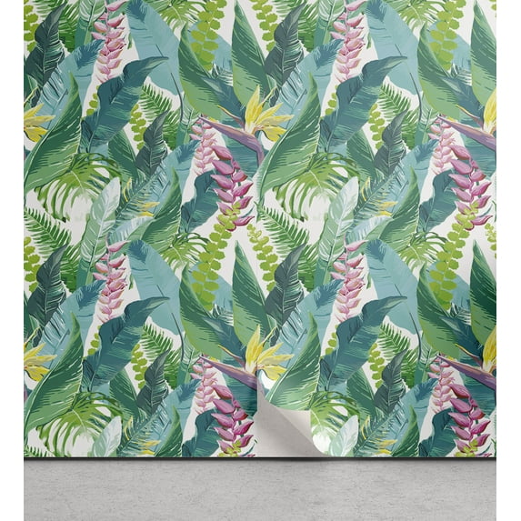 Ambesonne Tropical Peel & Stick Wallpaper for Home, Fern and Monstera Leaves, 13"x100", Multicolor