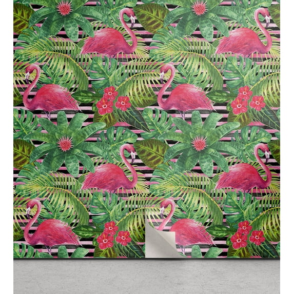 Ambesonne Tropical Peel & Stick Wallpaper for Home, Flamingo Hibiscus Palm Art, 13"x36", Dark Coral and Peacock Green