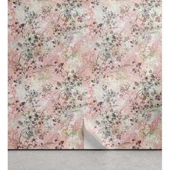 Ambesonne Tropical Peel & Stick Wallpaper for Home, Flower Leaf Watercolor Art, 13"x36", Dark Warm Taupe and Pink