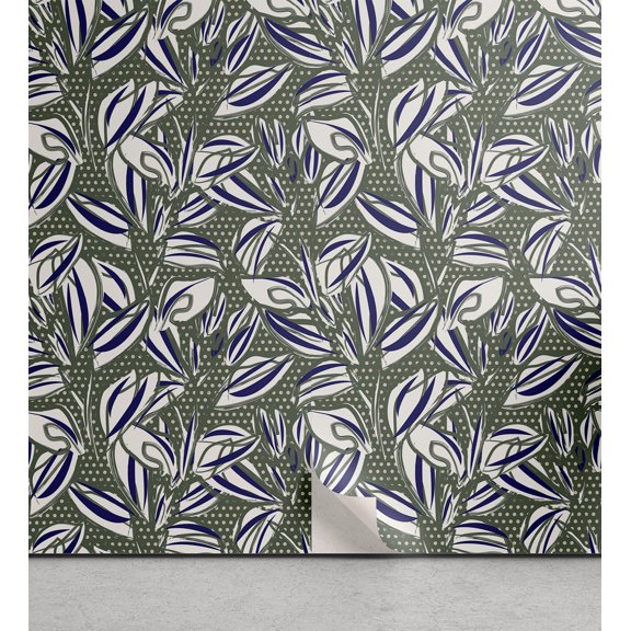 Ambesonne Tropical Peel & Stick Wallpaper for Home, Foliage Flowers Dots Art, 13"x36", Dark Lavender and Sage Green