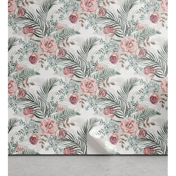Ambesonne Tropical Peel & Stick Wallpaper for Home, Garden Roses Boho Plot, 13"x72", Coral and Pale Reseda Green