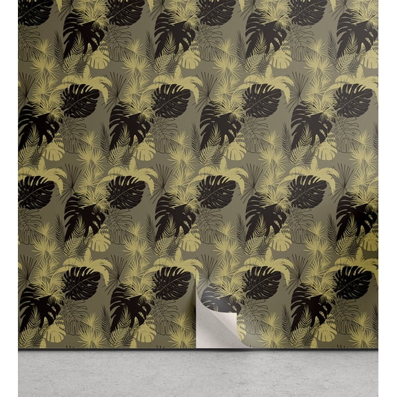 Ambesonne Tropical Peel & Stick Wallpaper for Home, Gold and Black Leaves Art, 13"x72", Dark Yellow and Charcoal Grey