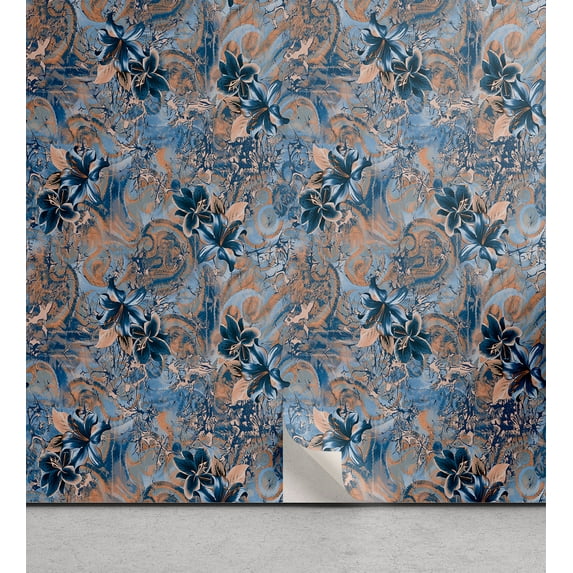 Ambesonne Tropical Peel & Stick Wallpaper for Home, Grunge Abstract Flora Plot, 13"x72", Pale Rust and Dark Sky Blue