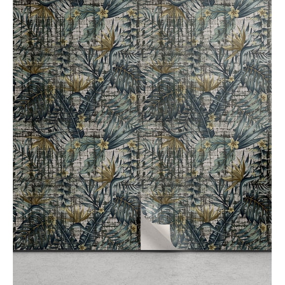 Ambesonne Tropical Peel & Stick Wallpaper for Home, Grunge Exotic Leafy Art, 13"x72", Teal Fawn and Pale Grey