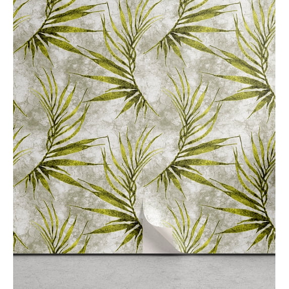 Ambesonne Tropical Peel & Stick Wallpaper for Home, Grungy Palm Leaves Art, 13"x36", Yellow Green Pale Grey