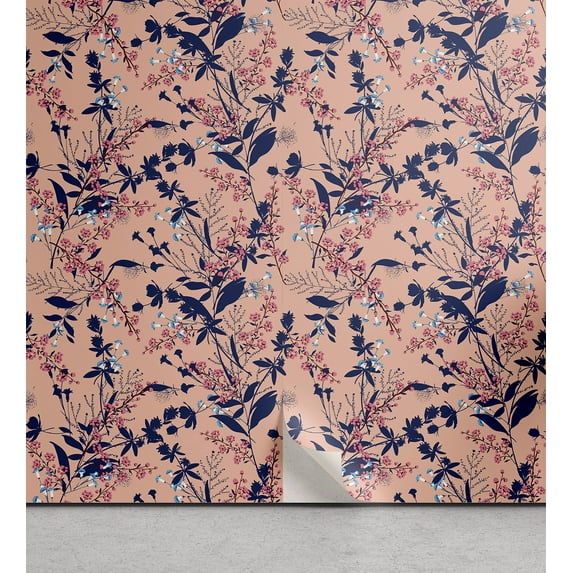 Ambesonne Tropical Peel & Stick Wallpaper for Home, Japan Vibe Leaf Romance, 13"x36", Dark Indigo Coral Pink