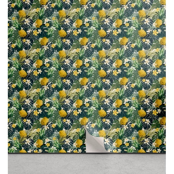 Ambesonne, Tropical Peel & Stick Wallpaper for Home, Jungle Boho Wild Pineapple, 13"x36", Reseda Green and Hunter Green