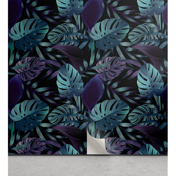 Ambesonne Tropical Peel & Stick Wallpaper for Home, Jungle Monstera Palm Art, 13"x72", Dark Purple Cadet Blue