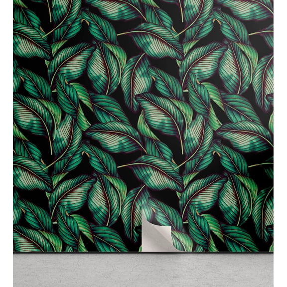 Ambesonne Tropical Peel & Stick Wallpaper for Home, Leaves Monochrome Back Art, 13"x100", Reseda Green and Pale Khaki