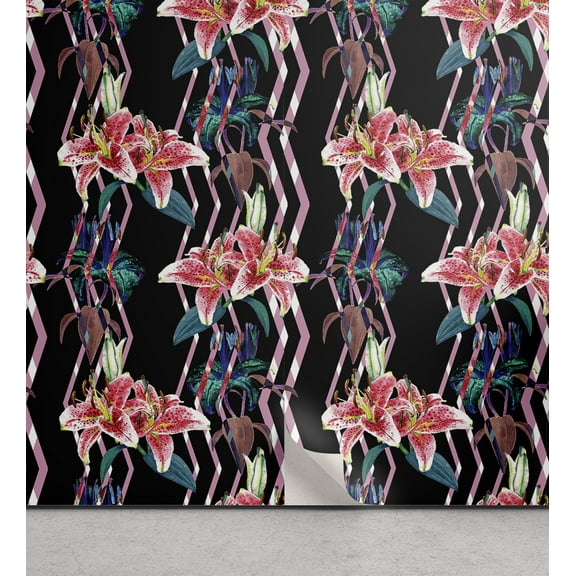Ambesonne Tropical Peel & Stick Wallpaper for Home, Lilies Zigzag Pattern Plot, 13"x36", Grey Pink Petrol Blue