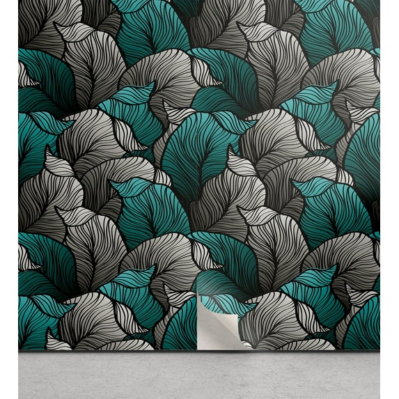 Ambesonne, Tropical Peel & Stick Wallpaper for Home, Line Exotic Leaves Boho, 13"x36", Turquoise Charcoal Grey