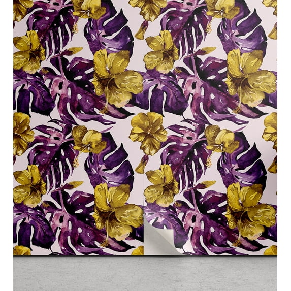 Ambesonne Tropical Peel & Stick Wallpaper for Home, Monstera Leaves Hibiscus, 13"x72", Purple Dark Yellow