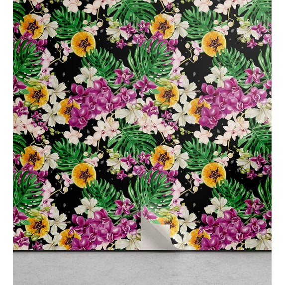 Ambesonne Tropical Peel & Stick Wallpaper for Home, Orchid Flowery Huddle Art, 13"x100", Purple Green Orange