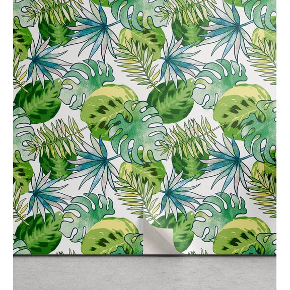 Ambesonne Tropical Peel & Stick Wallpaper for Home, Overlapped Exotic Leaves, 13"x72", Dark Green Emerald and Blue