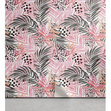 Ambesonne Tropical Peel & Stick Wallpaper for Home, Overlapped Palm Leaves, 13"x36", Dark Coral Grey and White